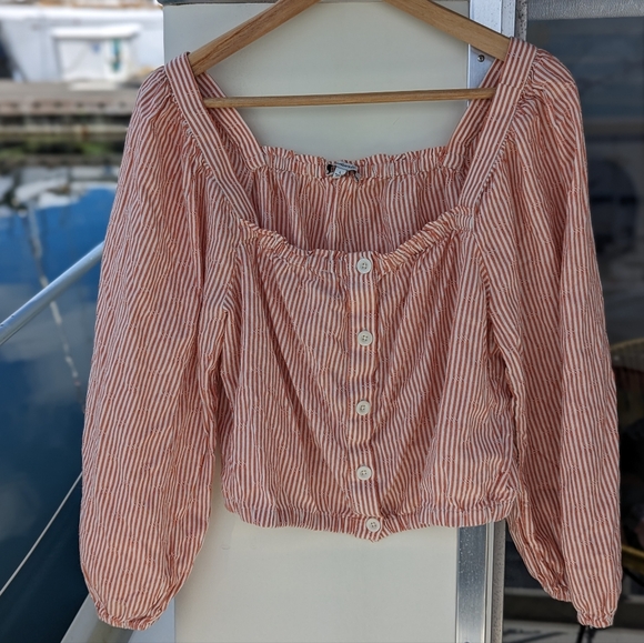 Madewell | Puff-Sleeve Crop Top Embroidered Stripe Orange White Large - Picture 6 of 15